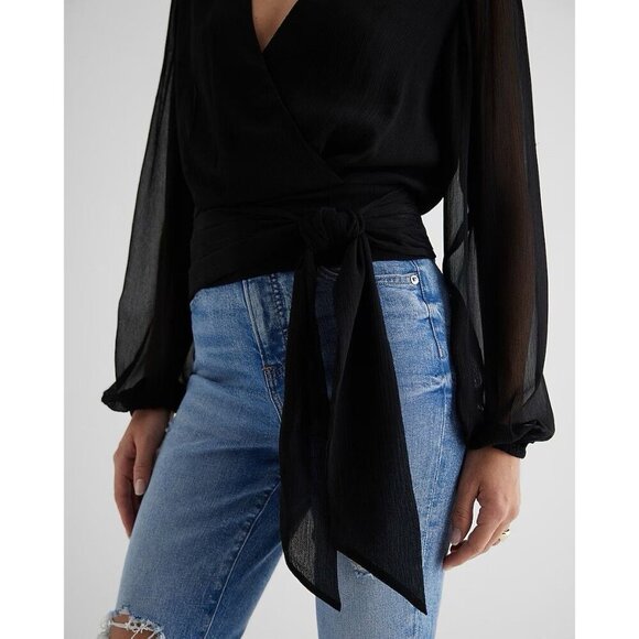 Express Women's Tie Waist Top Size XS Black V-Neck Faux Wrap Sheer Sleeve NWT$54 - Picture 5 of 16